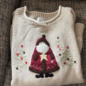 Vintage Christopher & Banks Christmas Cream Sweater with Red Santa Design